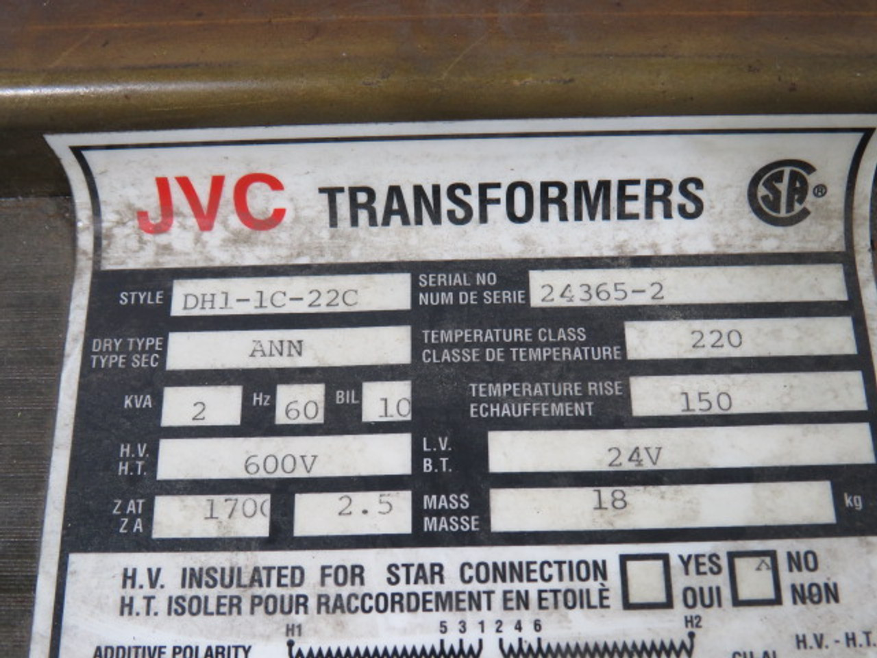 JVC DH1-1C-22C Transformer 2kVA Pri 600V Sec 24V 60HZ USED