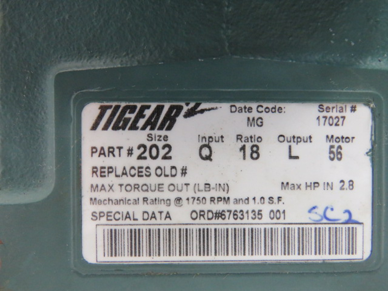 Dodge Tigear 202Q18L56 Gear Reducer 18:1 Ratio 795lb-in 2.8HP@1750rpm USED