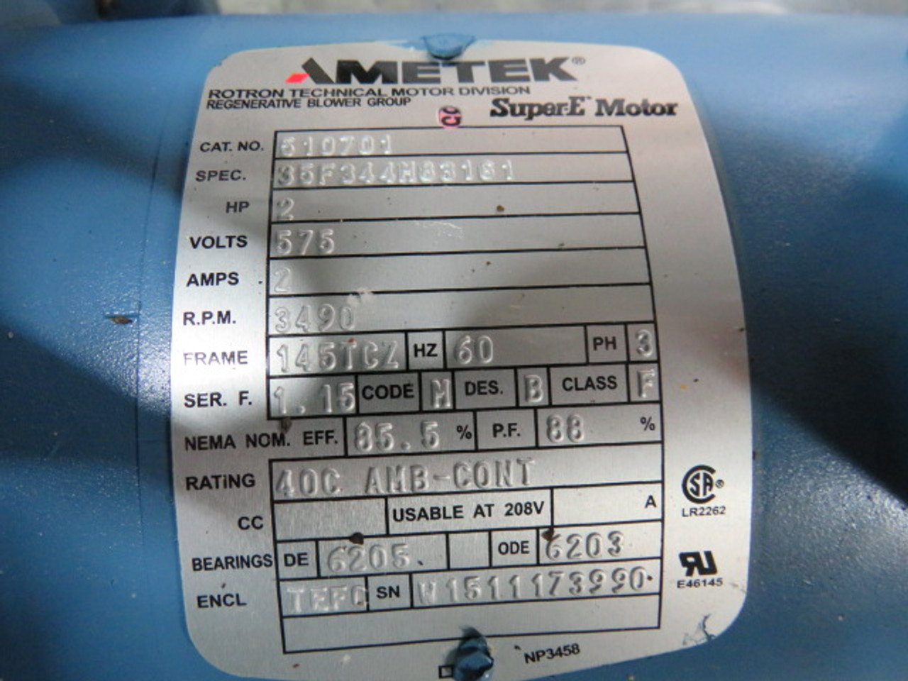 Ametek Regenerative Blower Motor 2HP 3490rpm 575V 145TCZ TEFC 3Ph 60Hz. ! NEW !