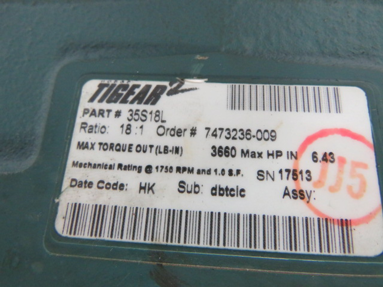 Dodge Tigear 35S18L Gear Reducer 18:1 Ratio 3660lb-in 6.43HP@1750rpm USED