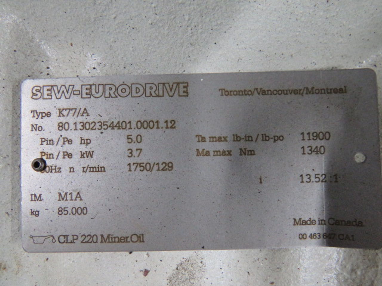 Sew-Eurodrive 5HP 1750/129rpm 330/575V TEFC c/w Gear Reducer 13.52:1 USED