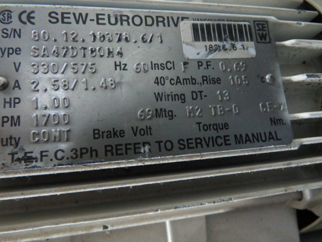 Sew-Eurodrive 1HP 1700rpm 330/575V TEFC c/w Gear Reducer 24.77:1 USED