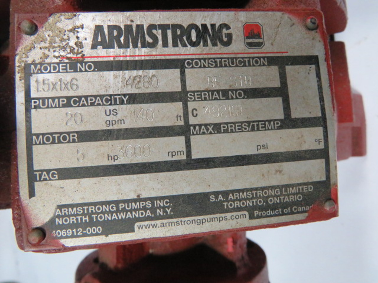 Armstrong 1.5x1x6 4280 Suction Centrifugal Pump C/W Motor USED