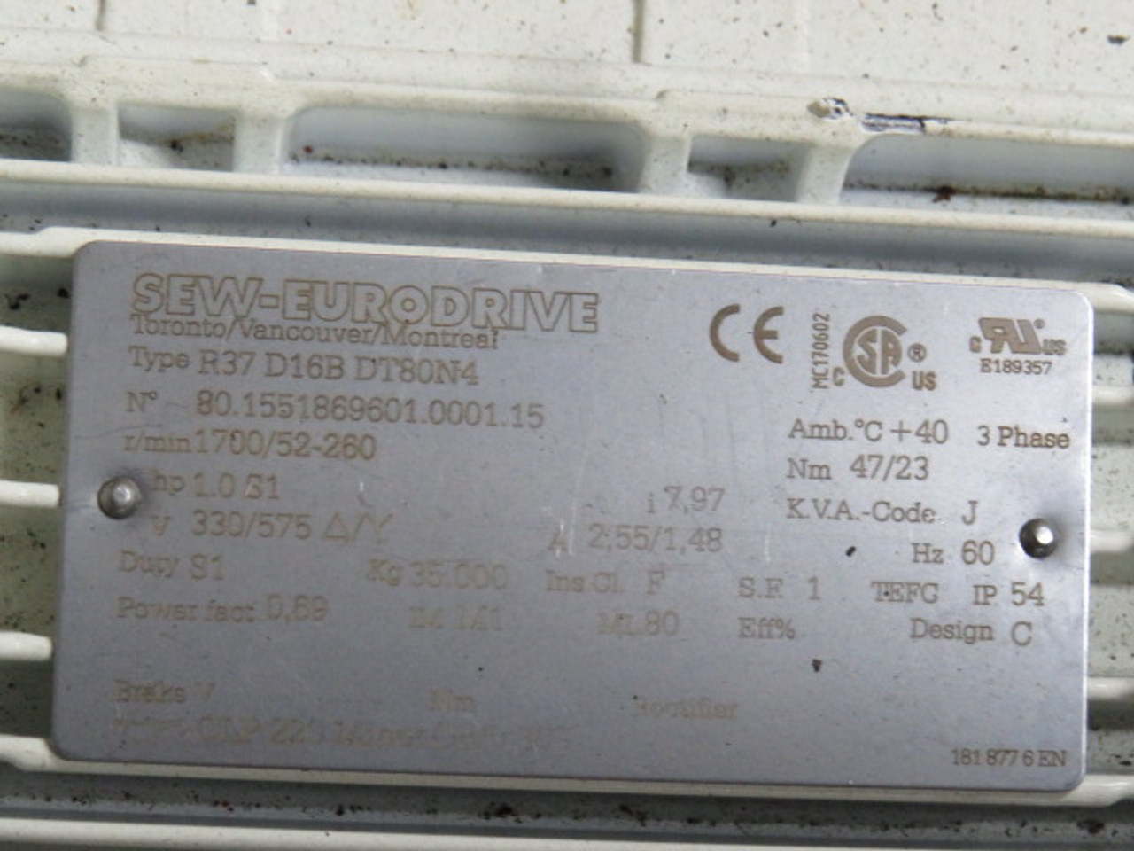 Sew-Eurodrive 1HP 1700/52-260rpm 330/575V TEFC c/w Gear Reducer 7.97:1 ! RFB !