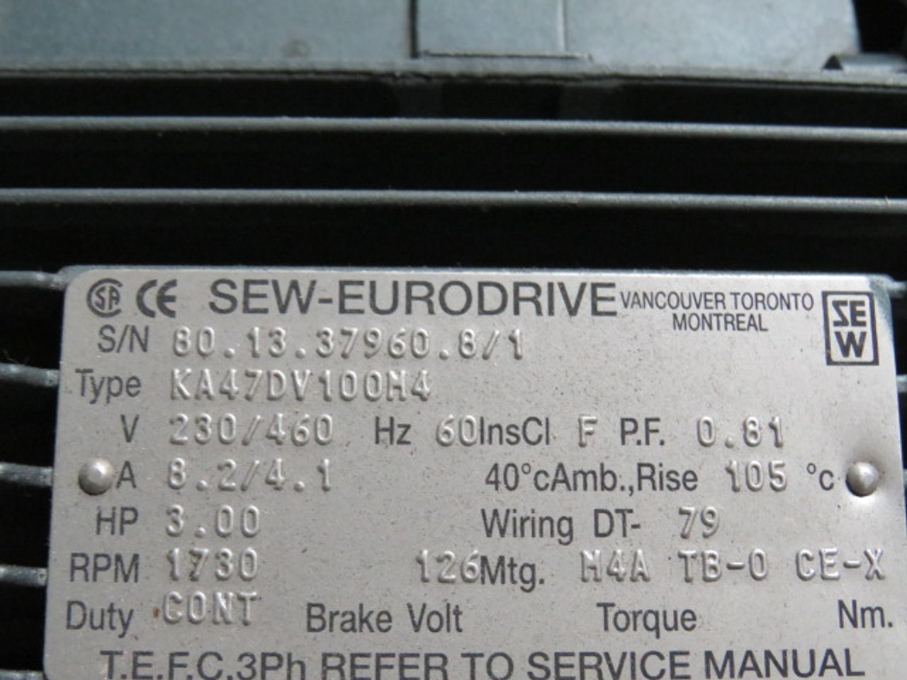 Sew-Eurodrive 3HP 1730rpm 230/460V TEFC c/w Gear Reducer 13.65:1 USED