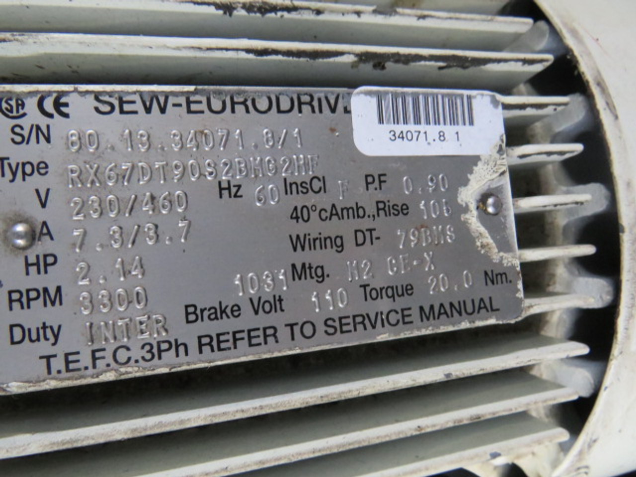 Sew-Eurodrive 2.14HP 3300rpm 230/460V TEFC c/w Gear Reducer 3.20:1 USED