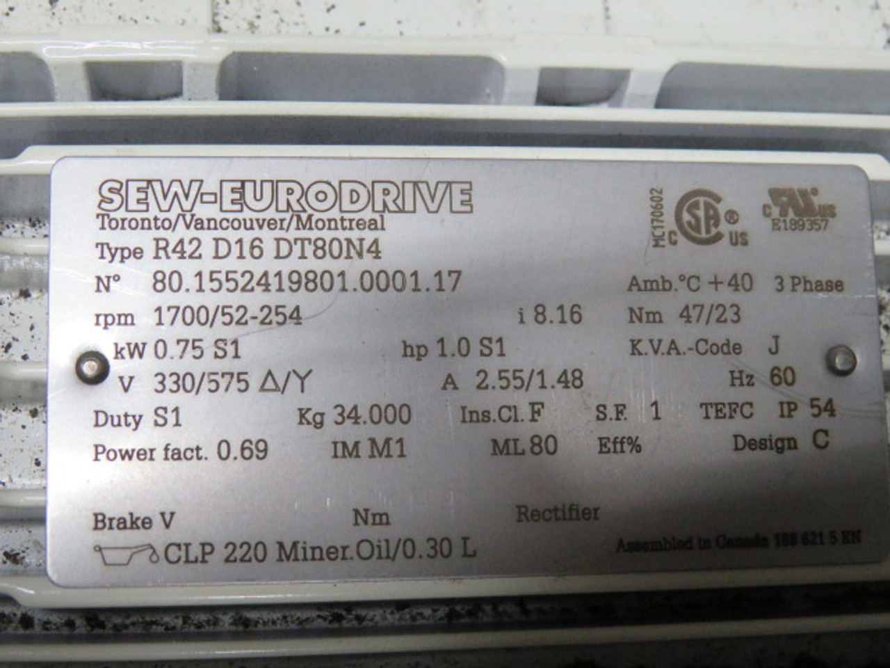 Sew-Eurodrive .75kW 1700-52-254rpm 330/575V TEFC c/w Gear Reducer 8.16:1 USED