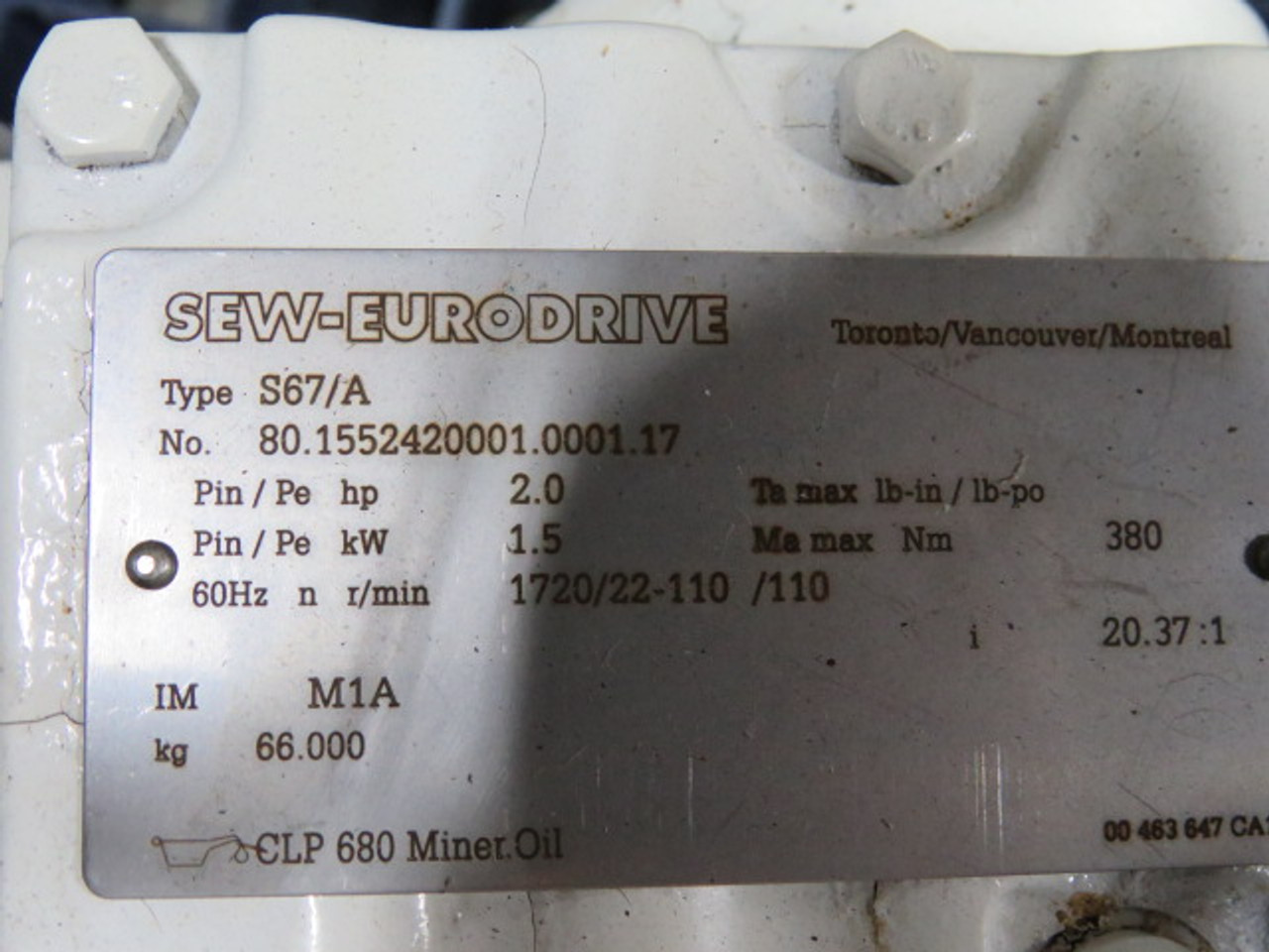 Sew-Eurodrive 1.5kW 1720/22-110rpm 330/575V TEFC w/ Gear Reducer 20.37:1 USED