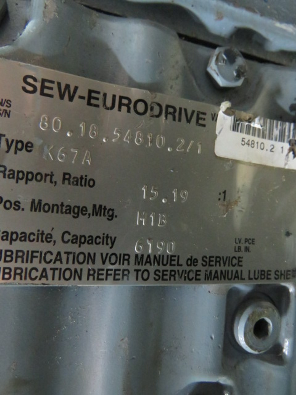 Sew-Eurodrive 5HP 1720rpm 330/575V TEFC 3Ph c/w Gear Reducer 15.19:1 USED