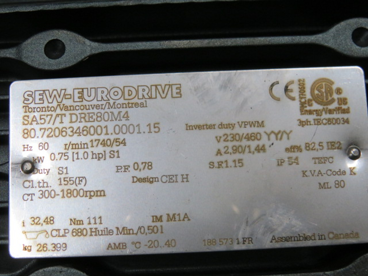 Sew-Eurodrive .75kW 1740/54rpm 230/460V TEFC 3Ph C/WGear Reducer 32.48:1 USED