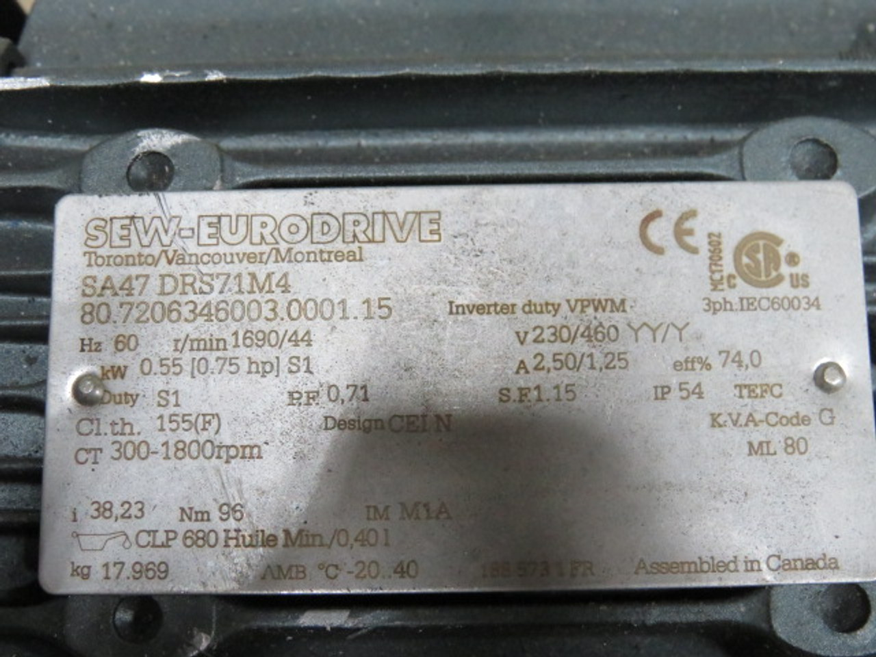 Sew-Eurodrive .55kW 1690/44rpm 230/460V TEFC c/w Gear Reducer 38.23:1 USED