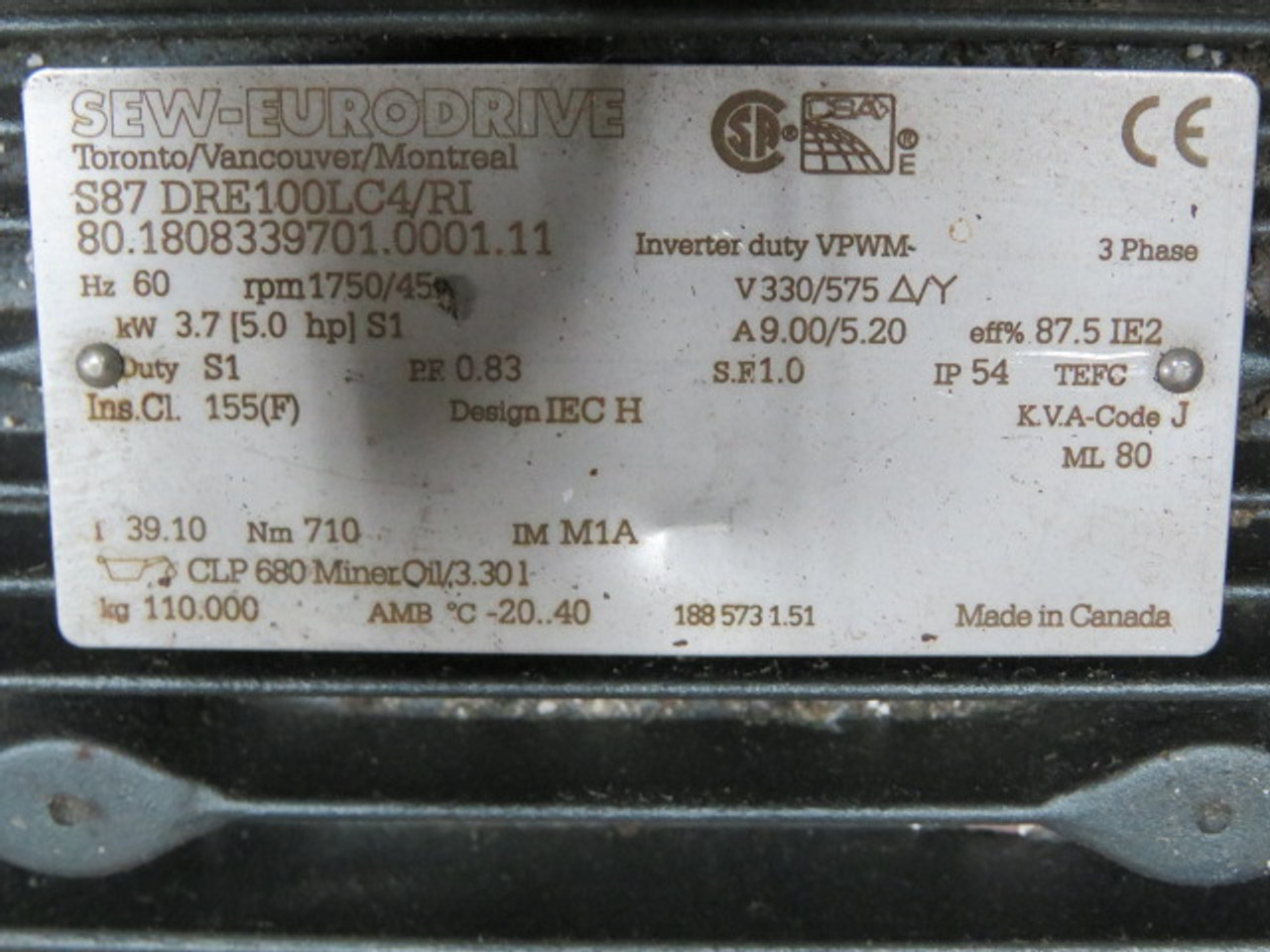 Sew-Eurodrive 3.7kW 1750/45rpm 330/575V TEFC c/w Gear Reducer 39.10:1 USED
