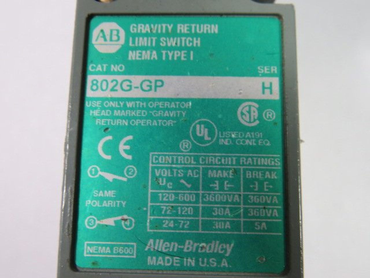 ゆったり柔らか Allen Bradley, 802G-GP, Gravity Return Limit Switch Series H NEW 