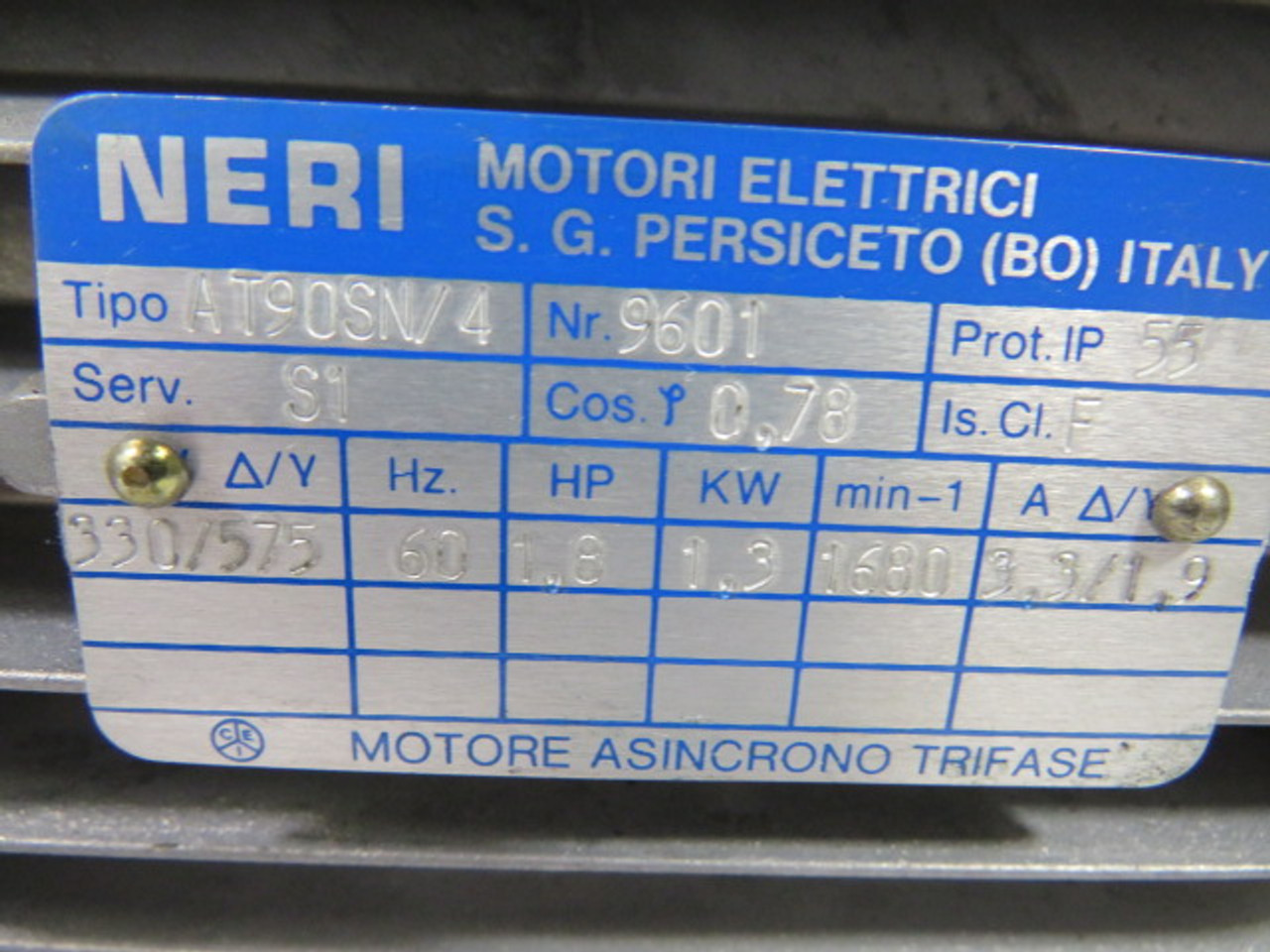 Neri AT90SN/4 1.8HP 1.3kW 1680rpm 330/575V TEFC 3Ph .3/1.9A 60Hz. USED