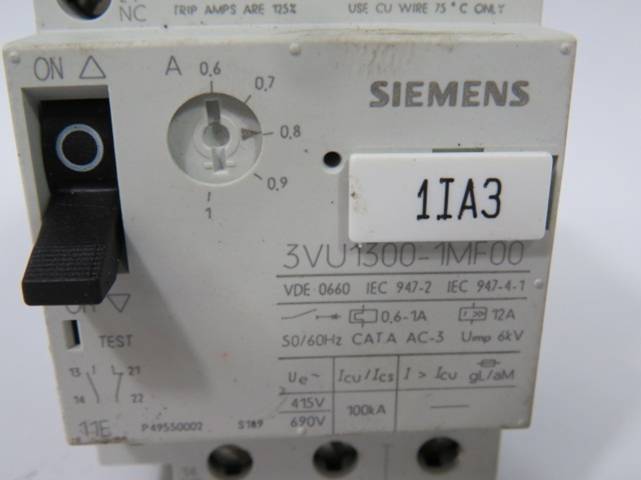 Siemens 3VU1300-1MF00 Motor Starter Protector 0.6-1A 1NO 3P USED