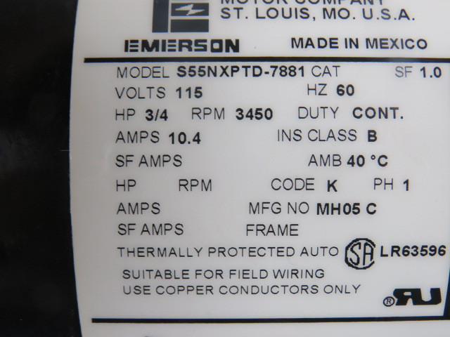 Emerson AGL75FL1NB Pool Motor 3/4HP 3450rpm 115V Y ODP 1Ph 10.4A 60Hz. ! NEW !