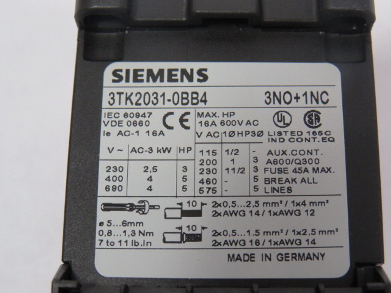 Siemens 3TK2031-0BB4 Contactor 16A 600VAC ! NEW !