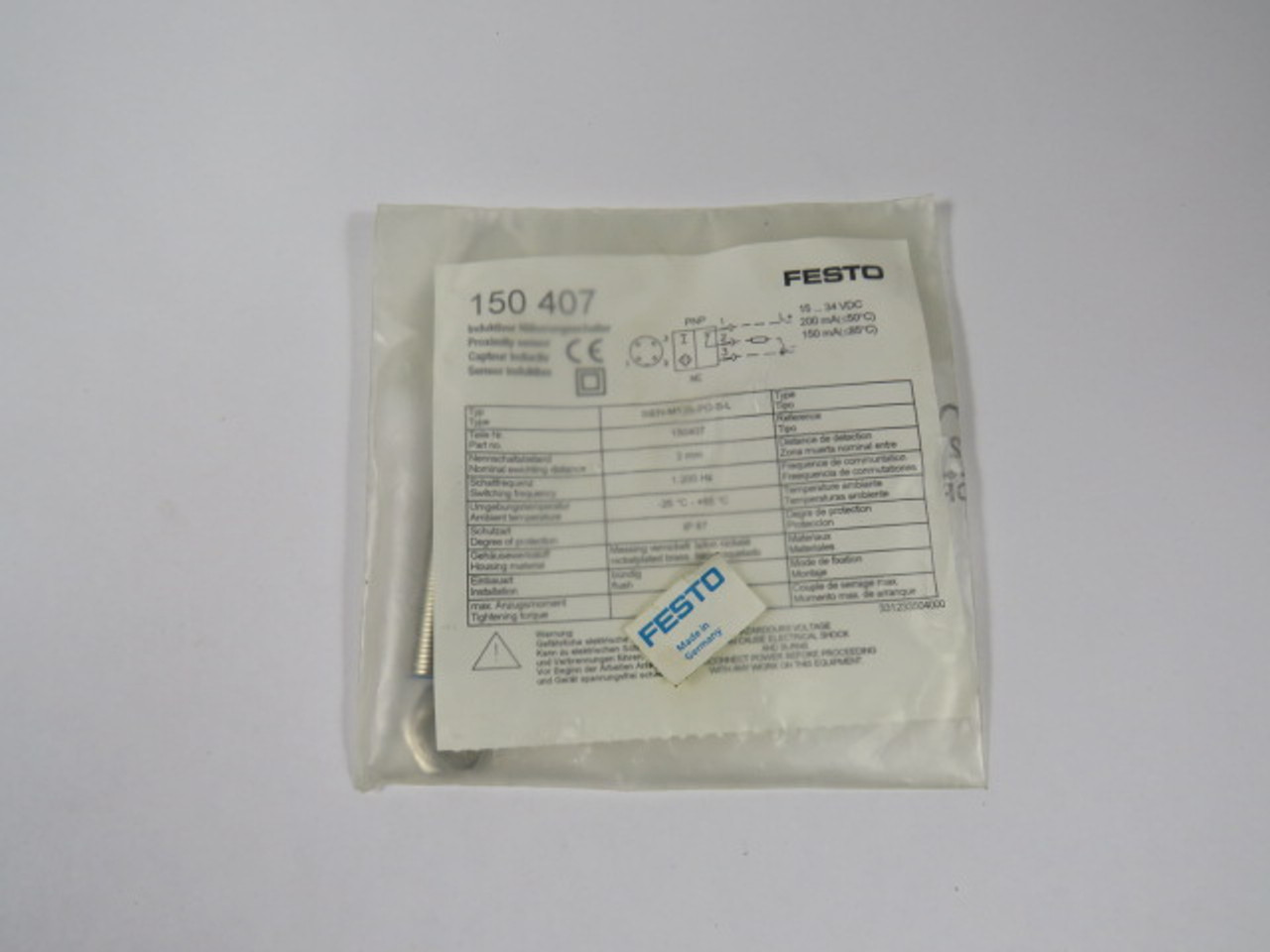 Festo 150407 SIEN-M12B-PO-S-L Inductive Proximity Sensor 15-34VDC ! NWB !