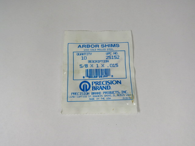 Precision Brand 25152 Arbor Shims 5/8X1X.015 Pack of 10 ! NWB !