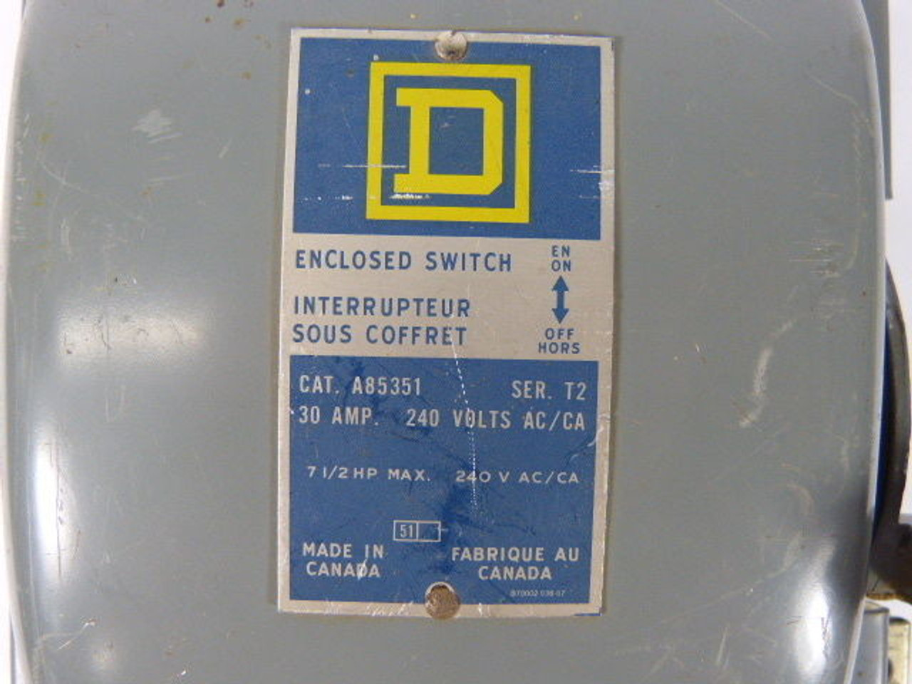 Square D A85351-T2 Enclosed Switch 7-1/2HP 240VAC 30amp USED