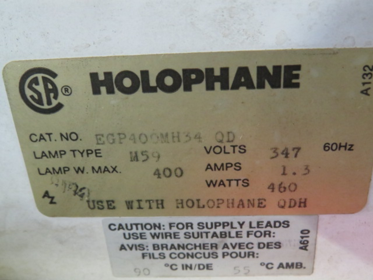 Holophane EGP400MH34QD Luminaire 347V 1.3A 60HZ USED