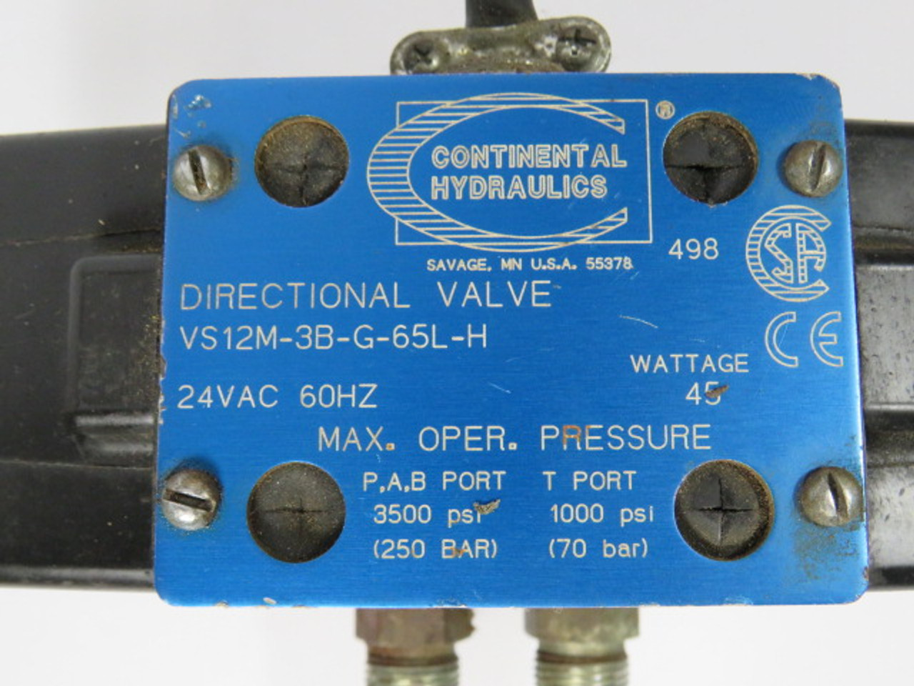 Continental Hydraulics VS12M-3B-G-65L-H Directional Control Valve 24VAC USED