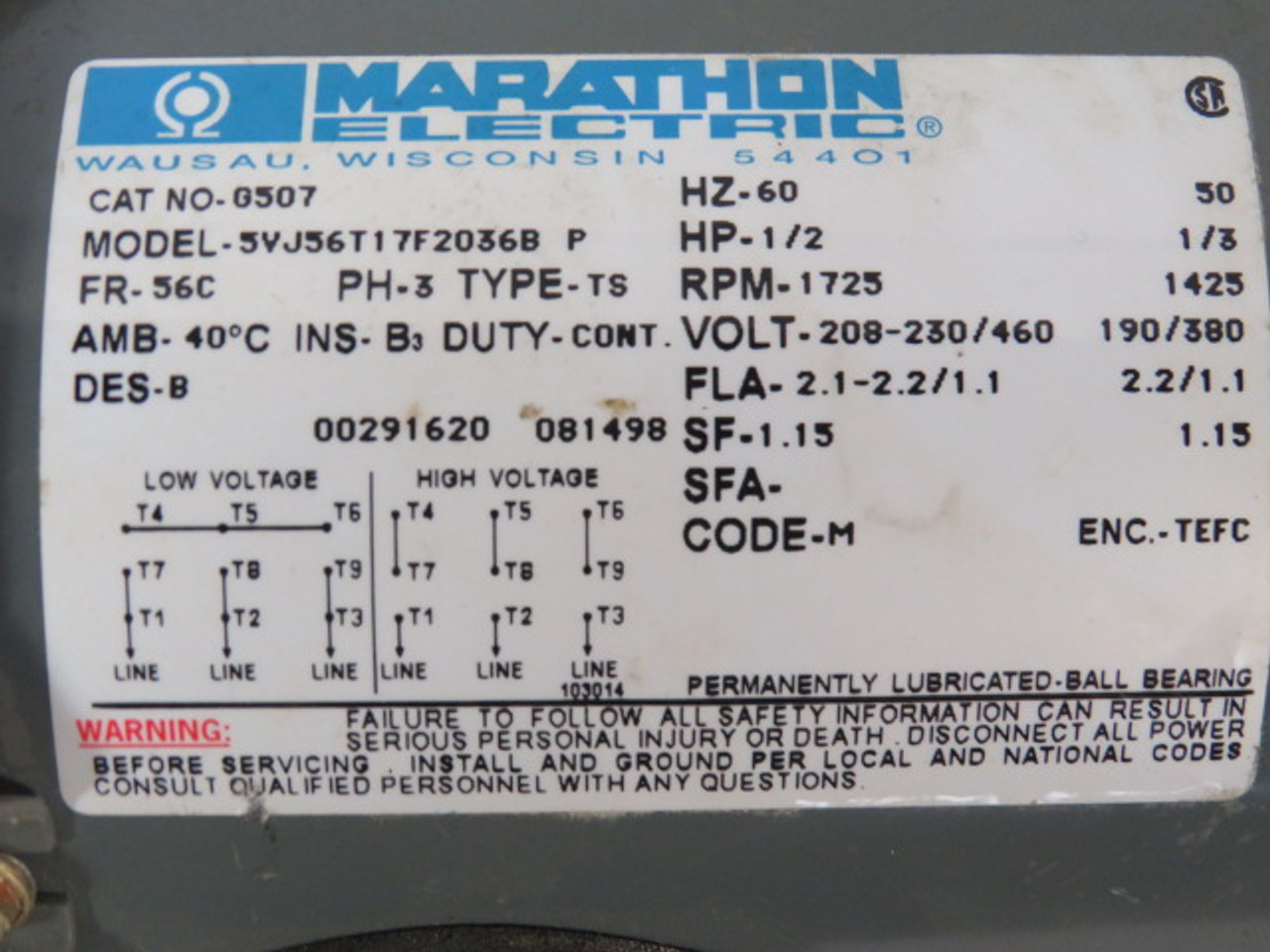 Marathon Hydraulic Pump Motor 1/2HP 1725RPM 208-230/460V 56C TEFC 3Ph USED