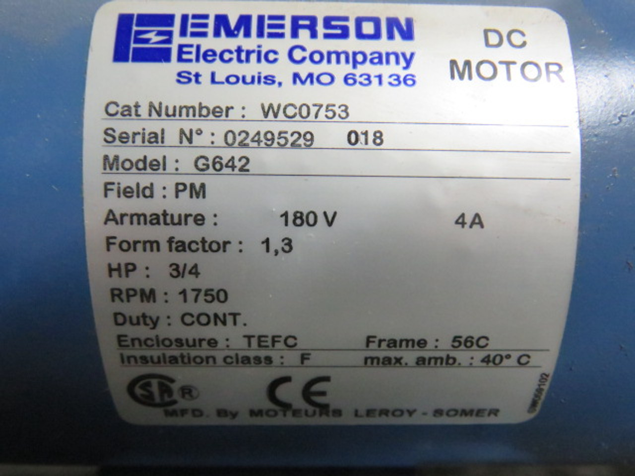 Emerson WC0753 DC Motor 3/4HP 1750RPM 180V 56C TEFC 4A ! NEW !