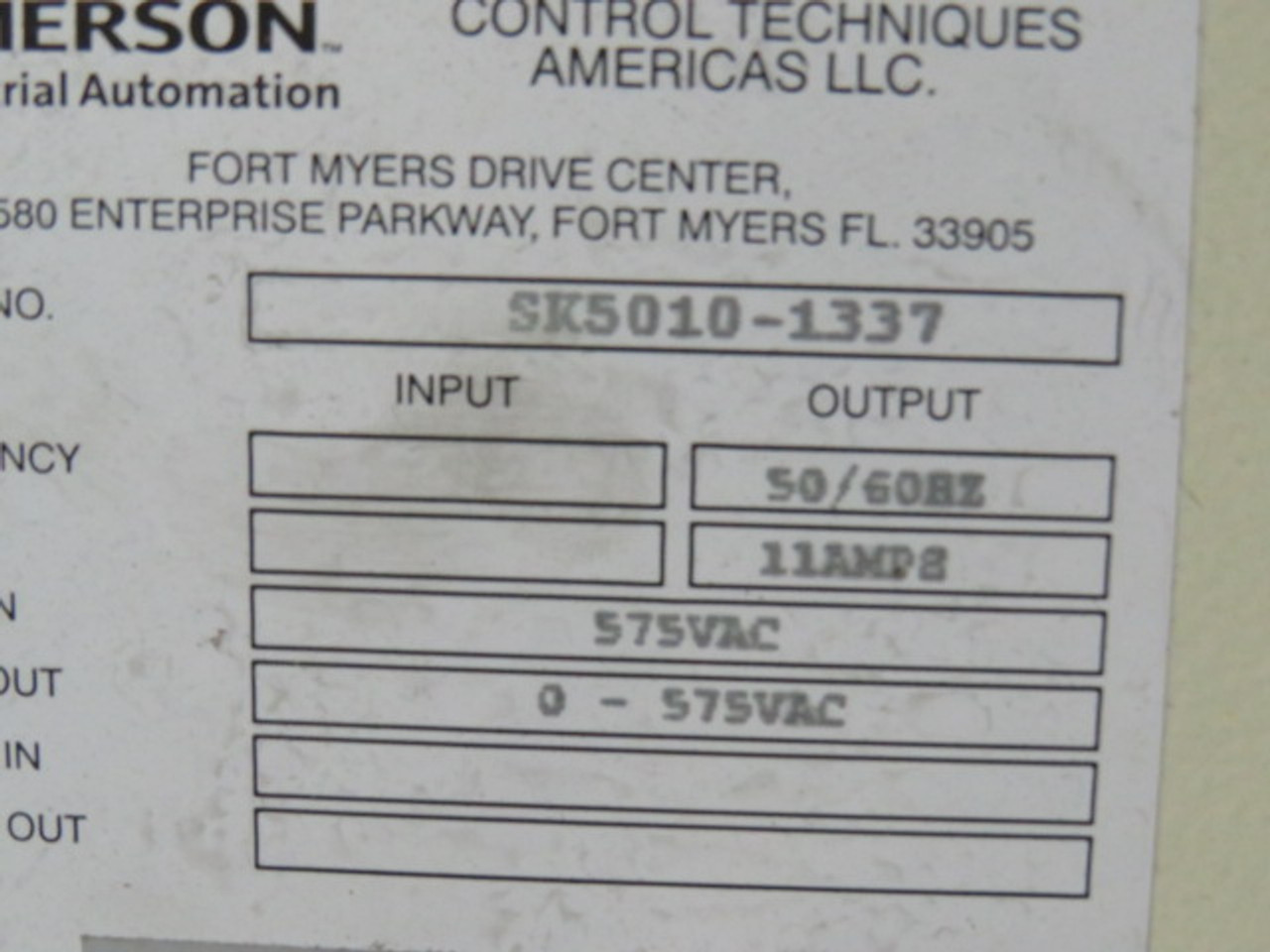 Emerson SK5010-1337 AC Drive 10HP 3Ph 575V 11A 50/60Hz USED