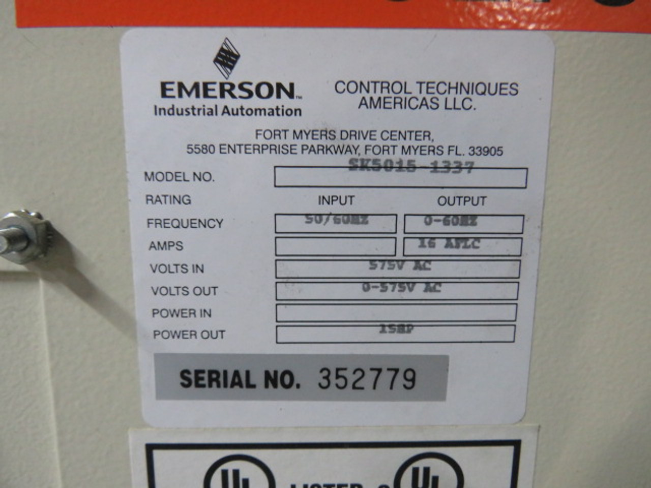 Emerson SK5015-1337 AC Drive 15HP 3Ph 575V 15A 50/60Hz USED