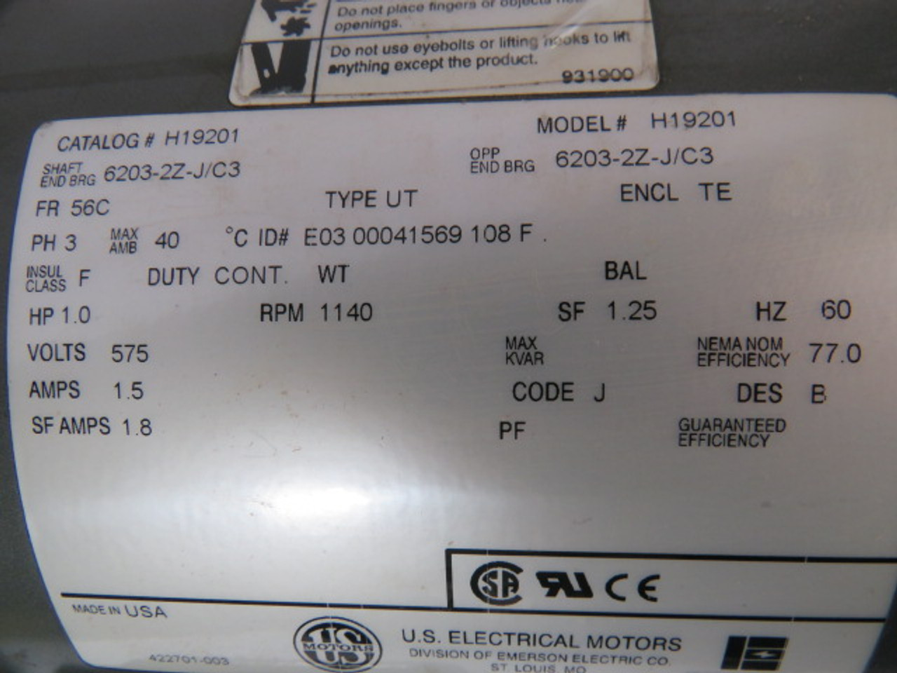 US Motors 1HP 1140RPM 575V 56C TEFC 3Ph 1.5A 60Hz ! NOP !