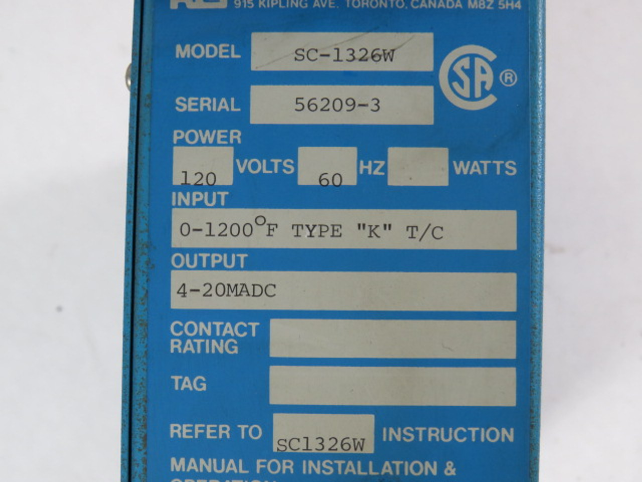Ametek SC-1326W Transmitter 120V 60Hz 4/20MA Type K USED