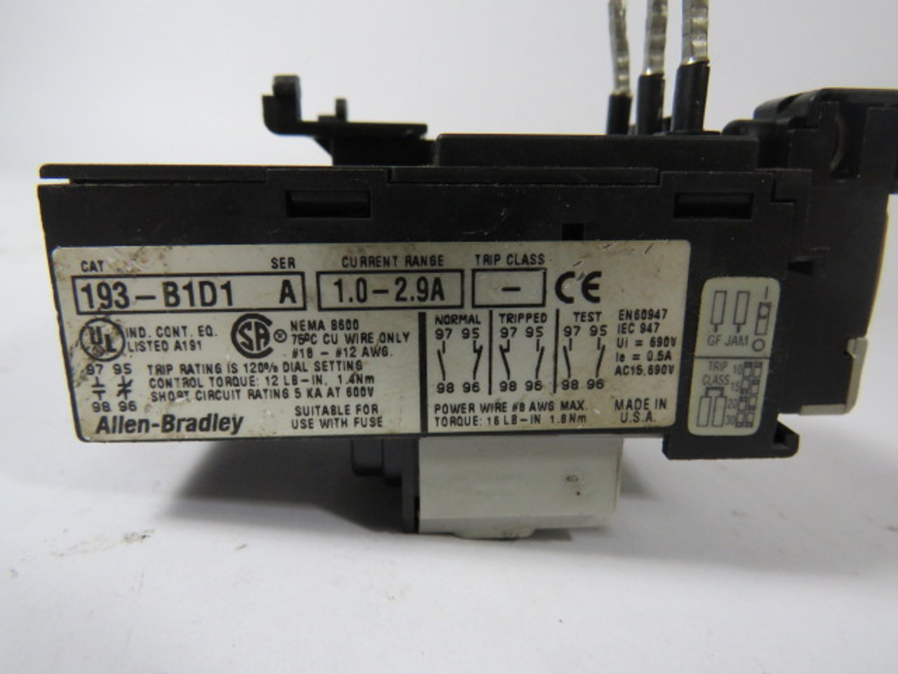 Allen-Bradley 193-B1D1 Overload Relay 1-2.9 A 600V Short Series A USED