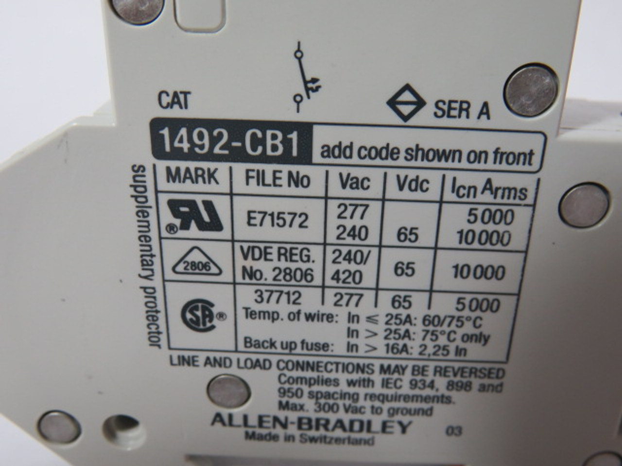 Allen-Bradley 1492-CB1G150 Series A Circuit Breaker 15A 277VAC 65VDC 1P ! NEW !