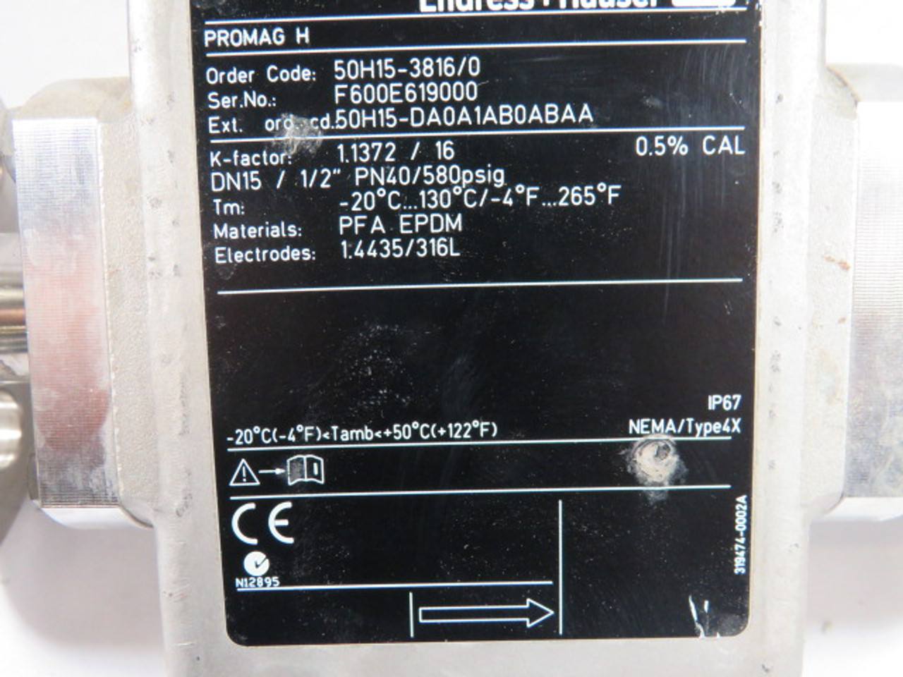 Endress+Hauser 50H15-3816/0 Electromagnetic Flow Meter 20-55VAC/16-62VDC USED