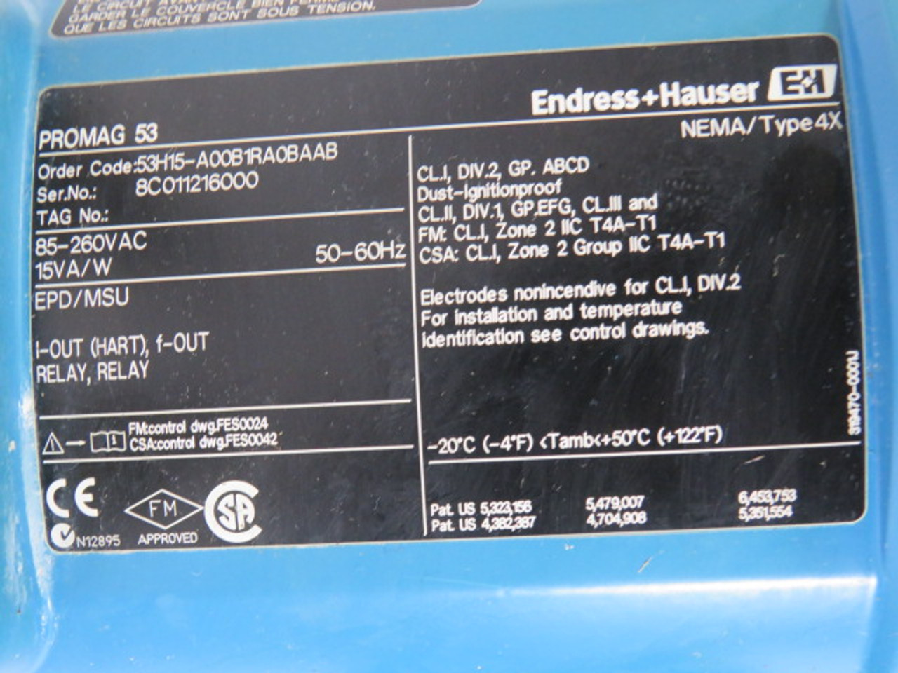 Endress+Hauser 53H15-A00B1RA0BAAB Electromagnetic Flow Meter 20-55VAC USED