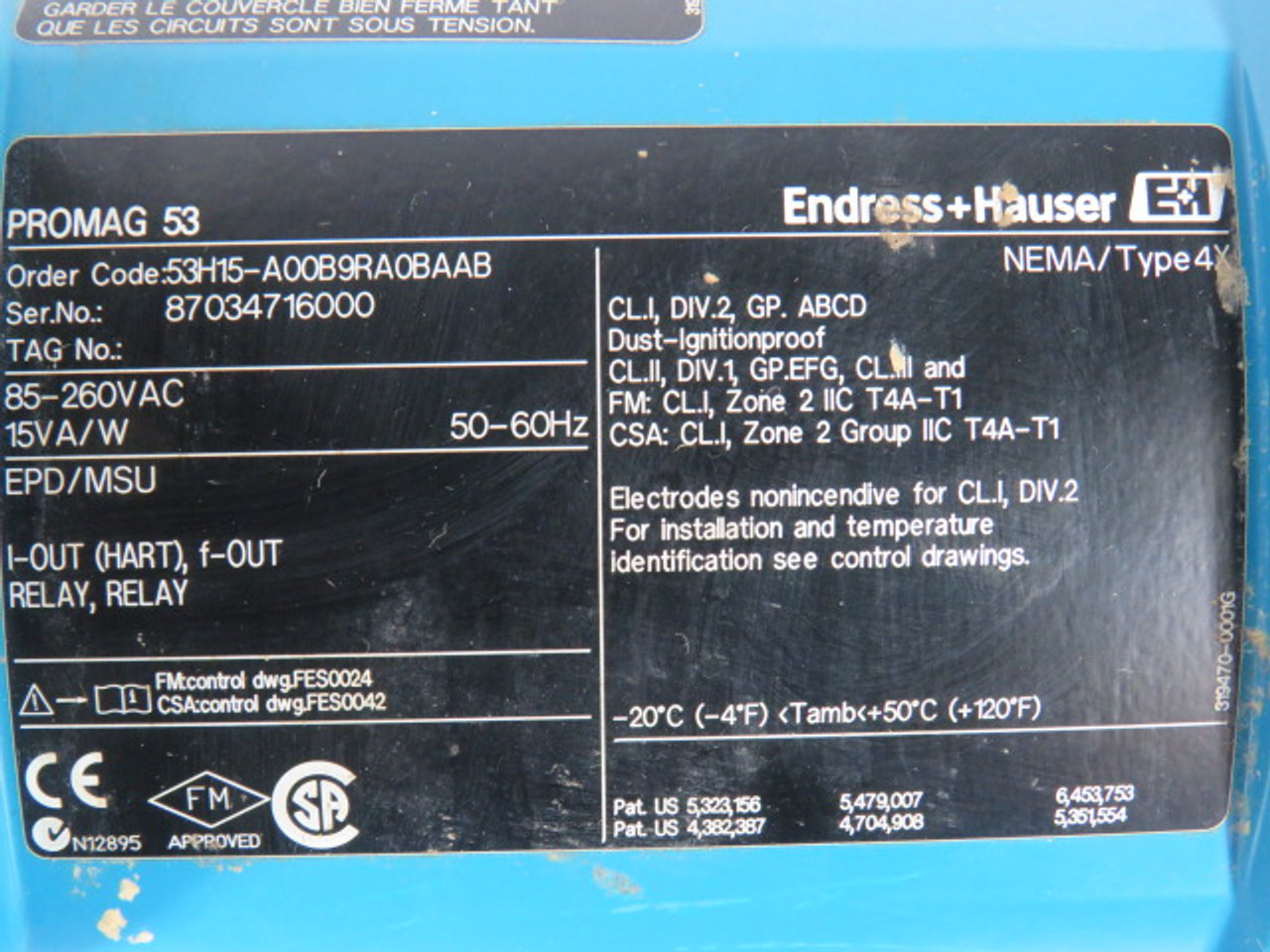 Endress+Hauser 53H15-A00B9RA0BAAB Electromagnetic Flow Meter 85-260VAC USED
