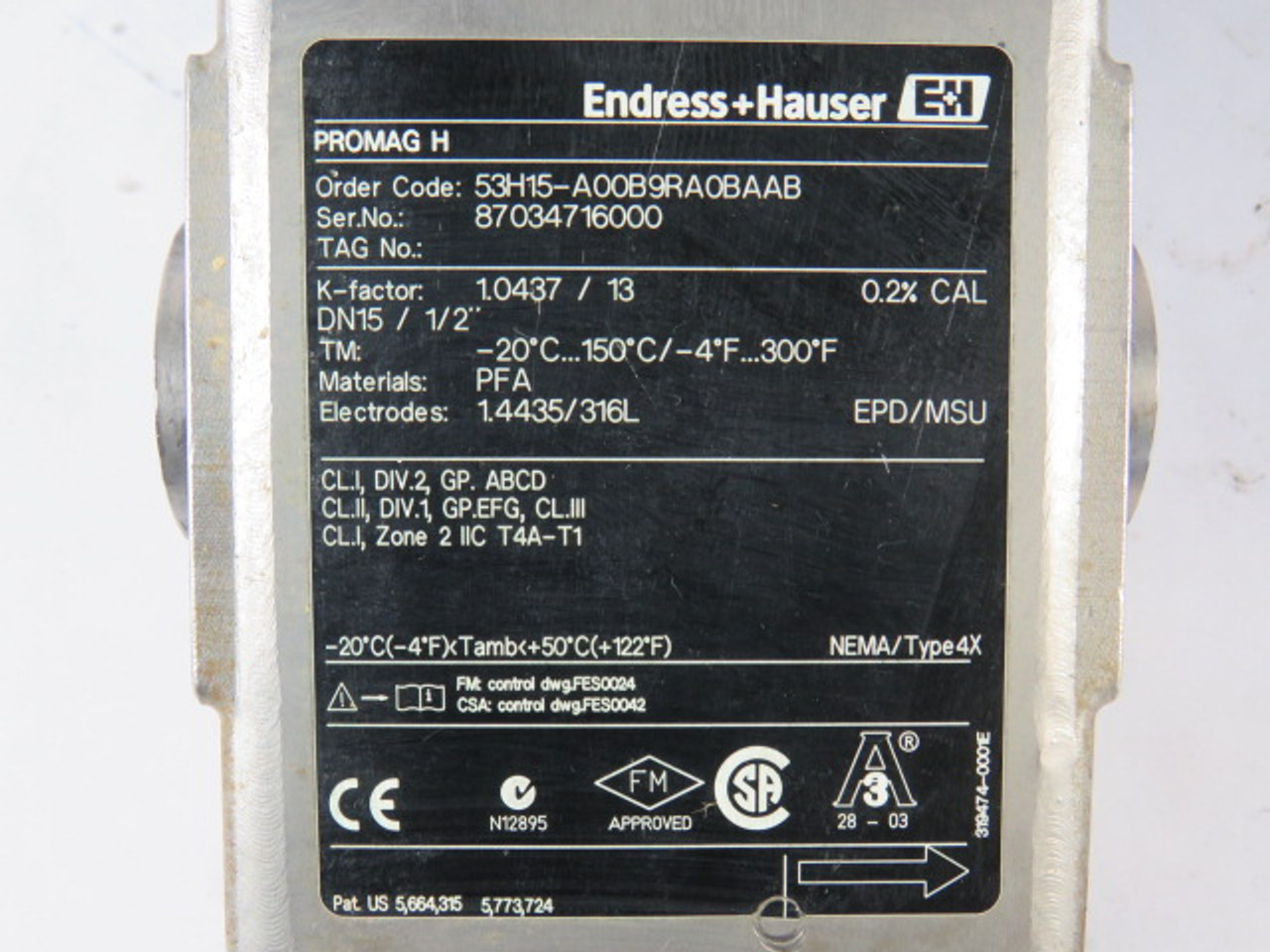 Endress+Hauser 53H15-A00B9RA0BAAB Electromagnetic Flow Meter 85-260VAC USED