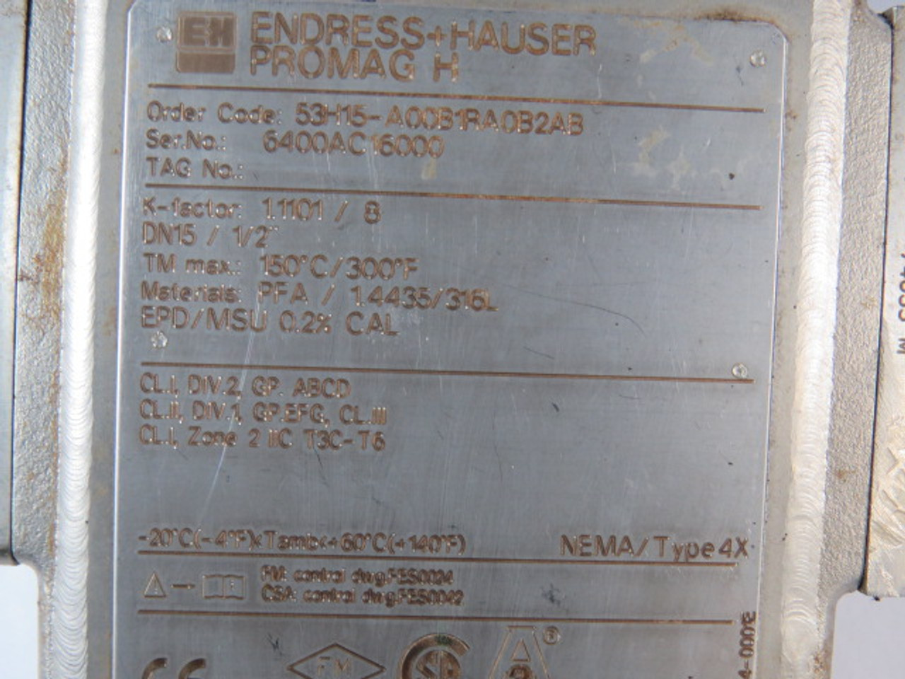 Endress+Hauser 53H15-A00B1RA0B2AB Electromagnetic Flow Meter 85-260VAC USED