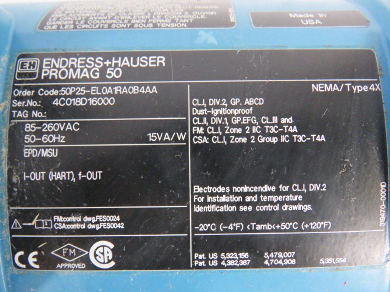 Endress+Hauser 50P25-EL0A1RA0B4AA Electromagnetic Flow Meter 85-260VAC USED