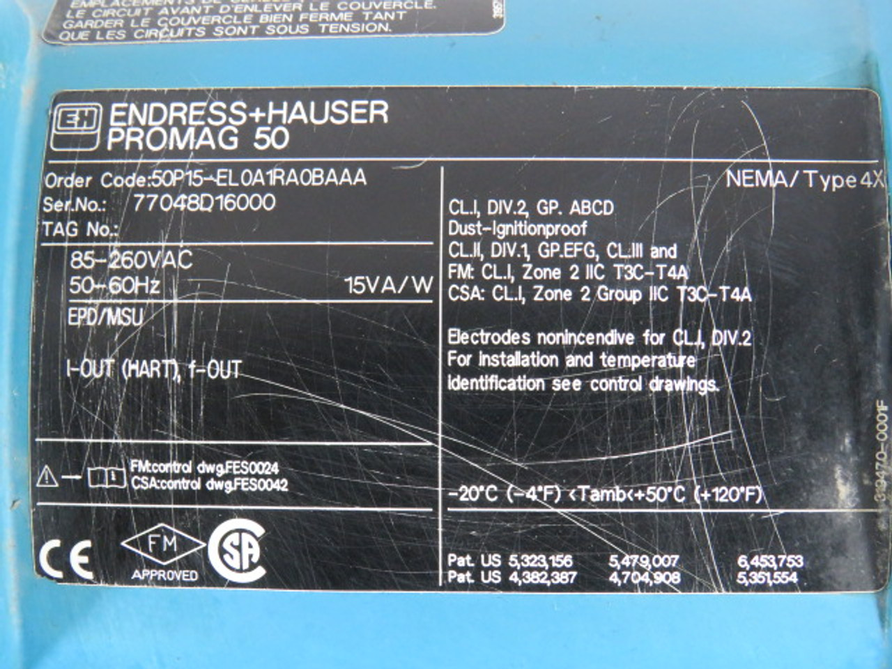 Endress+Hauser 50P15-EL0A1RA0BAAA Electromagnetic Flow Meter 85-260VAC USED