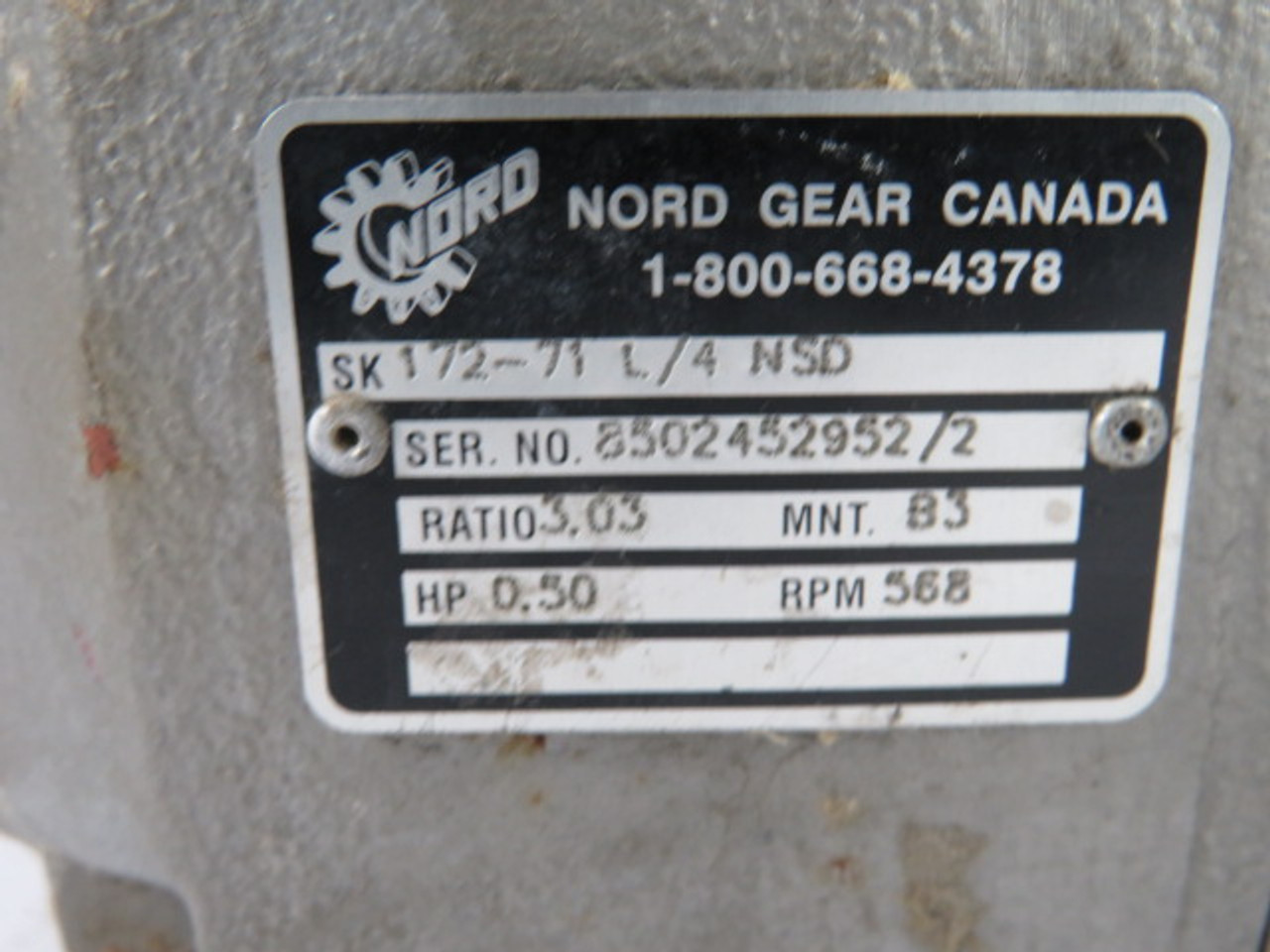 Nord Gear 1/2HP 565RPM 230/460V 71L TEFC C/W Gear Reducer 3.03:1 Ratio USED