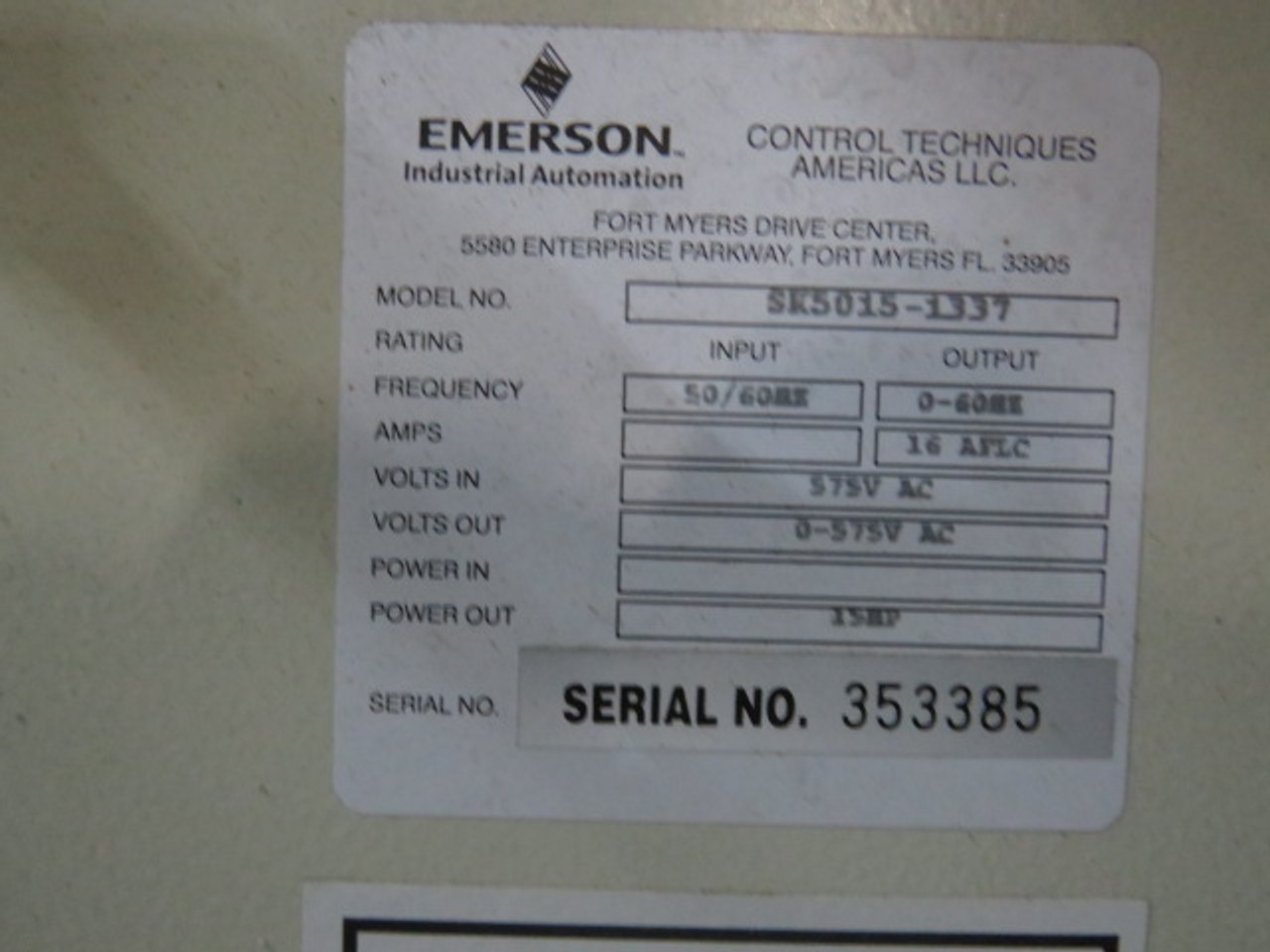 Emerson SK5015-1337 AC Drive 15HP 3Ph 575V 16A 50/60Hz USED