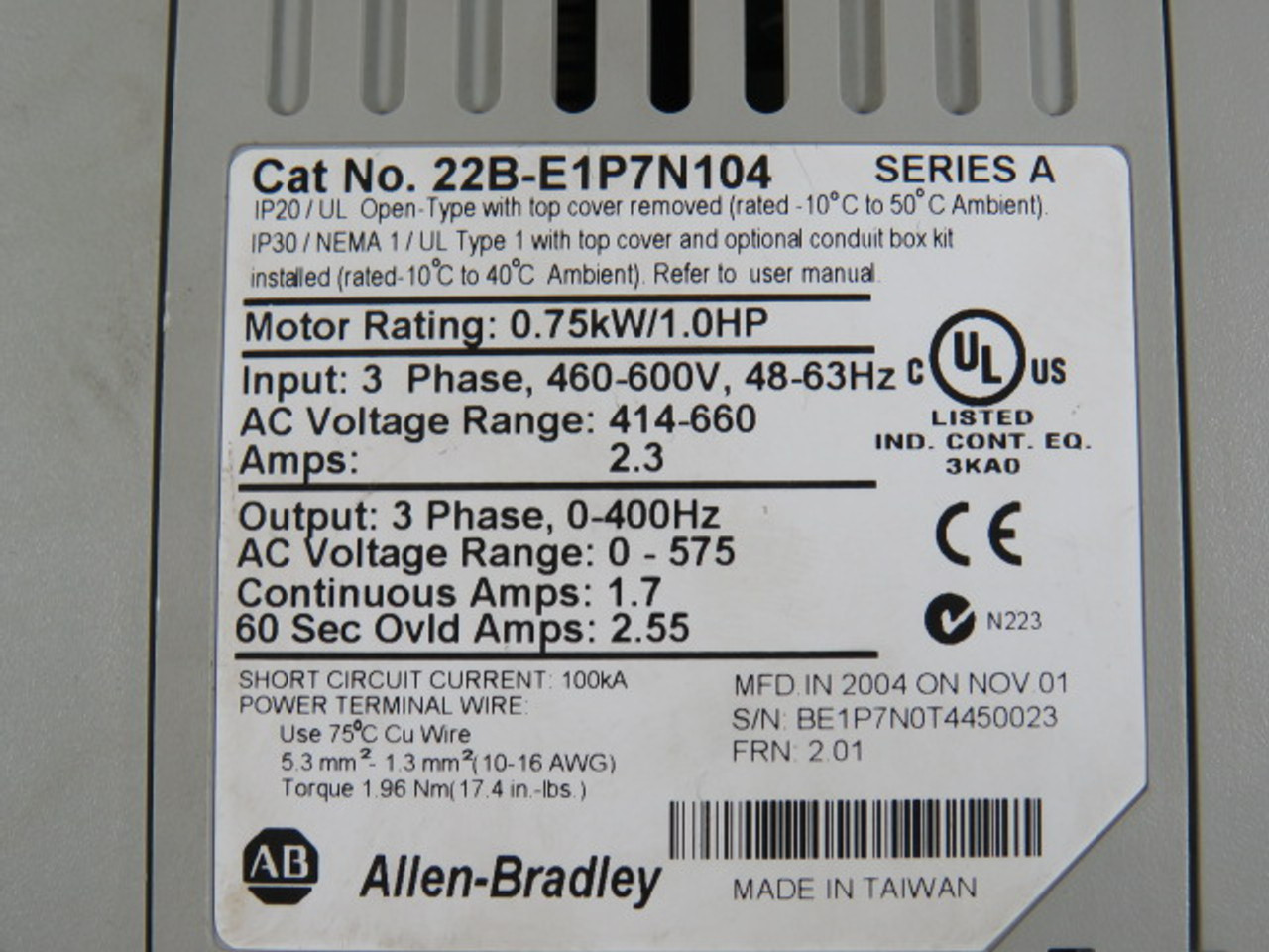 Allen-Bradley 22B-E1P7N104 AC Drive 2.3A 1HP .75kW 3PH 460-600V 48-63HZ USED