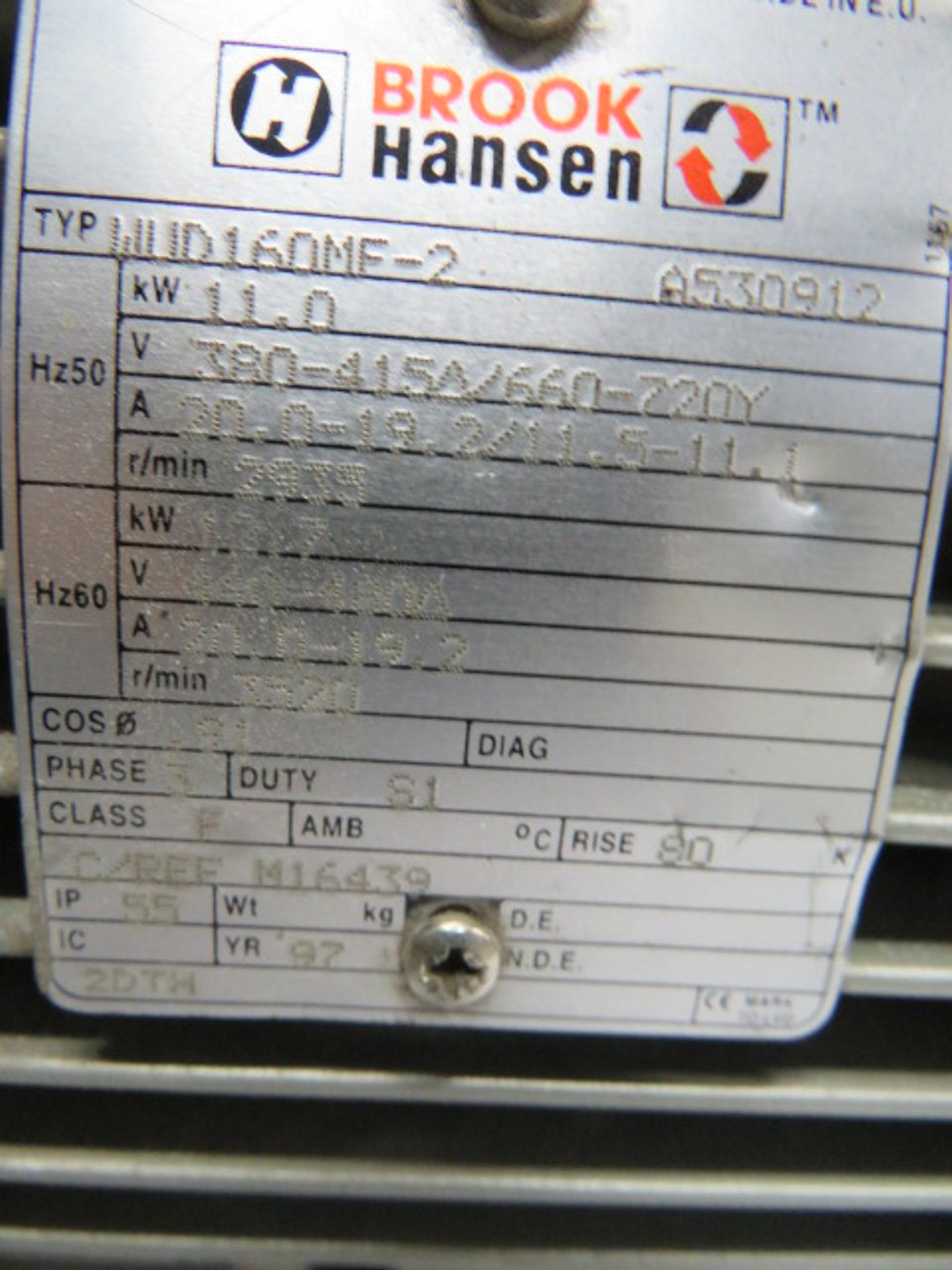 Brook Hansen 12.7kW 3520RPM 440/480V TEFC 3Ph 20.0-19.2A 60Hz USED