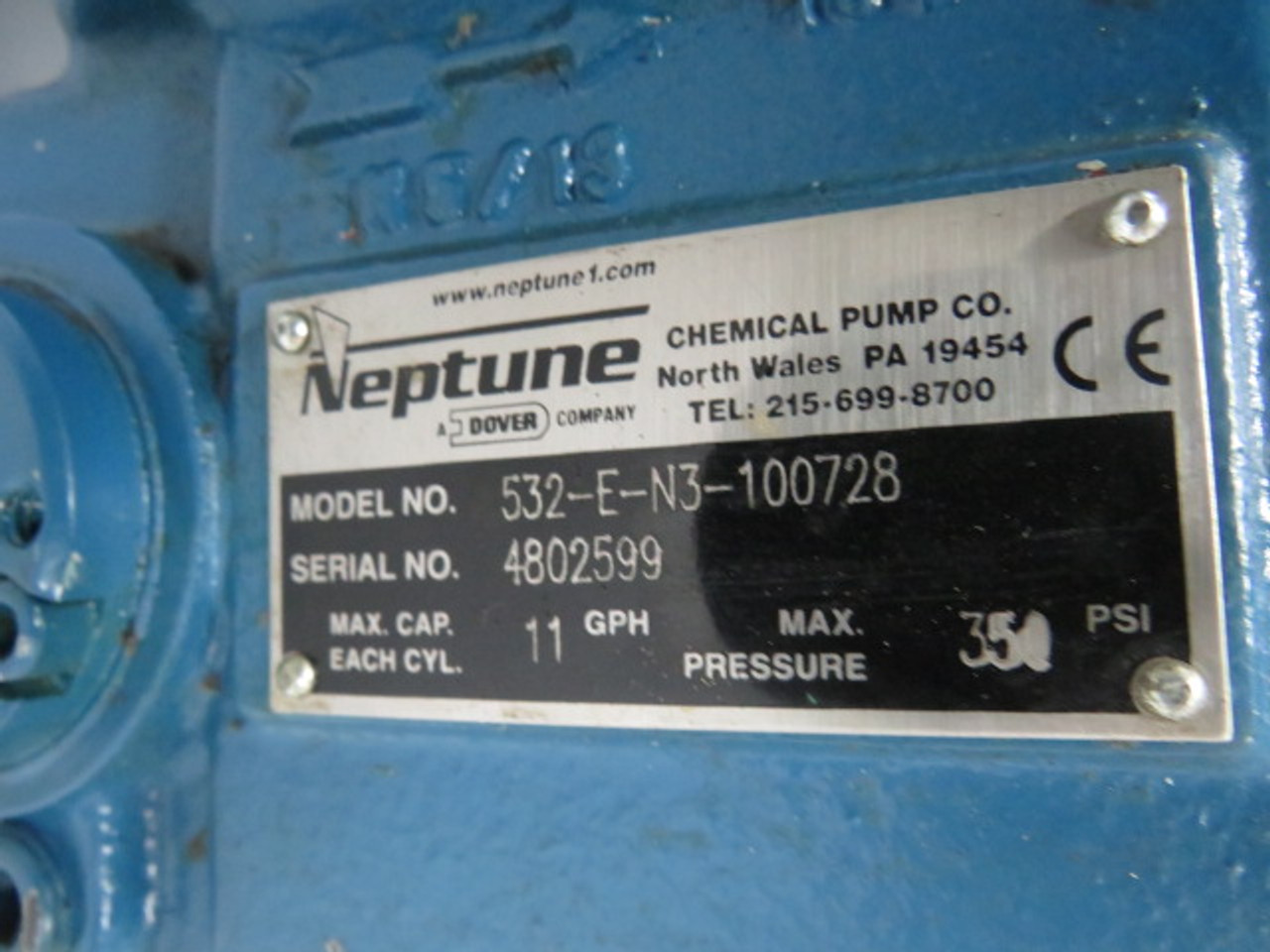 Neptune 532-E-N3 C/W Leeson 1/3HP 1725RPM 115V L48Y TEFC 1Ph 5.9A 60Hz USED