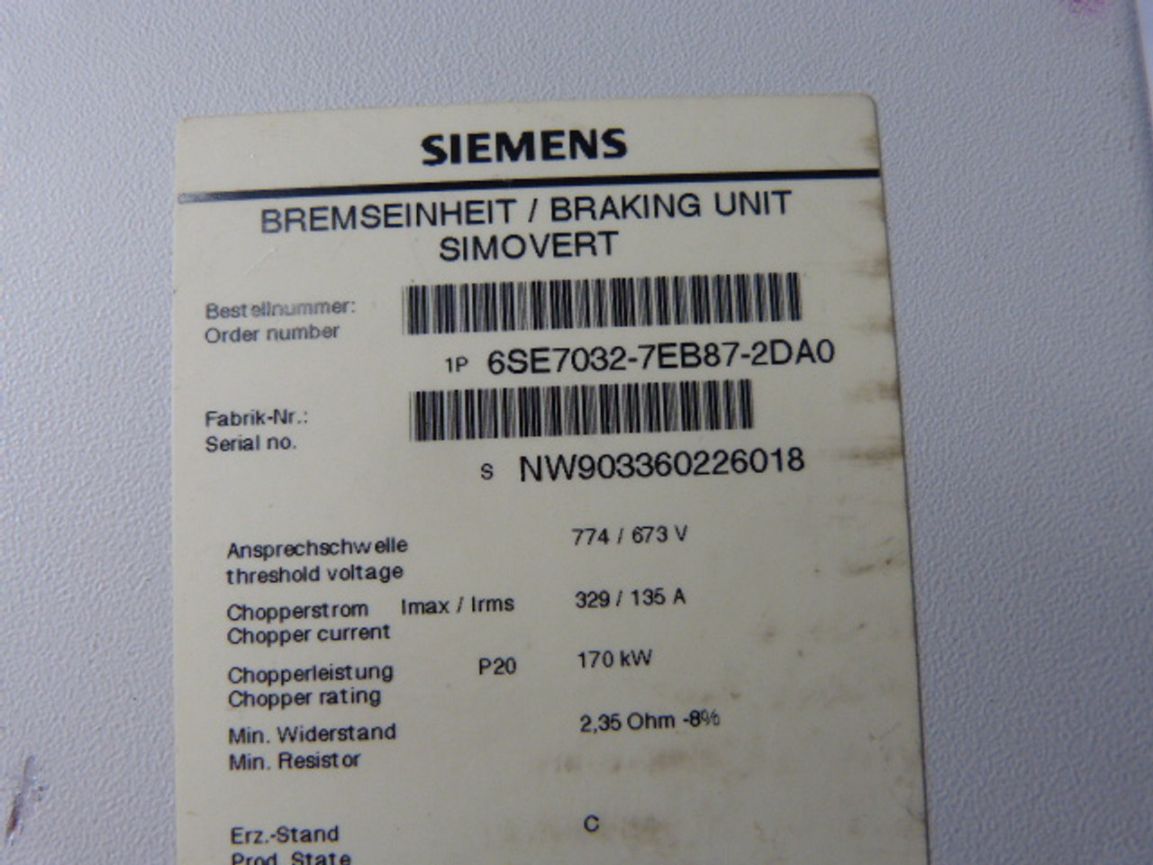 Siemens 6SE7-032-7EB87-2DA0 Braking Unit 460V 170KW USED