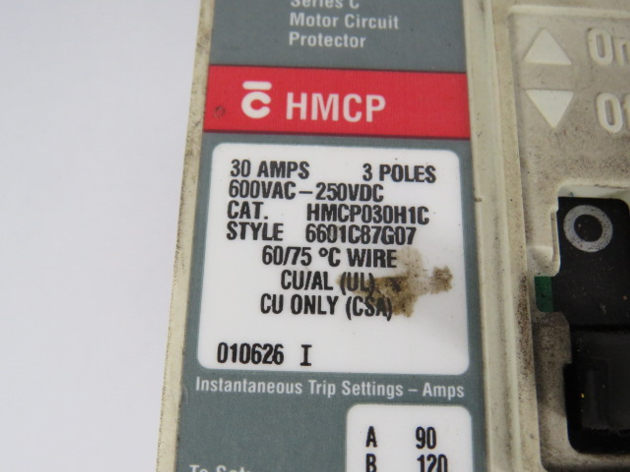 Cutler-Hammer HMCP030H1C Circuit Breaker 3-Pole 30A 600VAC Broken Edge USED