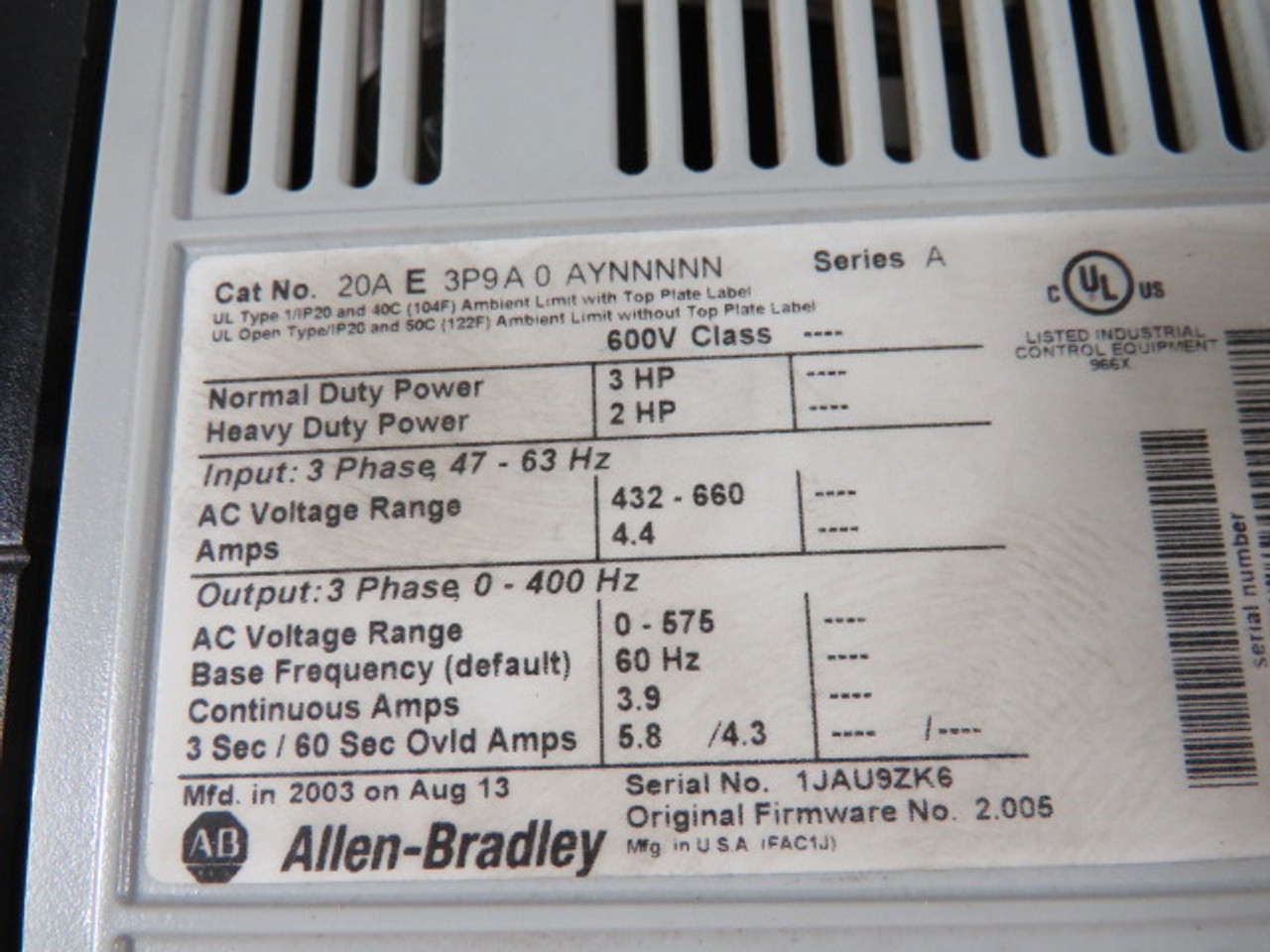 Allen-Bradley 20AE3P9A0AYNNNNN Variable Frequency Drive 3HP@432V 4.4A USED