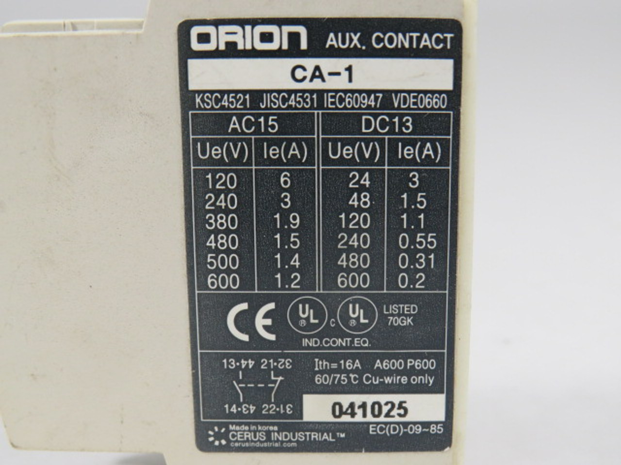 Cerus Orion CA-1 Side-Mount Auxiliary Contact 16A 1NO 1NC USED